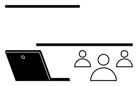 Open laptop facing three abstract human icons in a sleek, minimal design. Ideal for teamwork, collaboration, video conferencing, remote work, online learning, business communication, abstract lineのイラスト素材