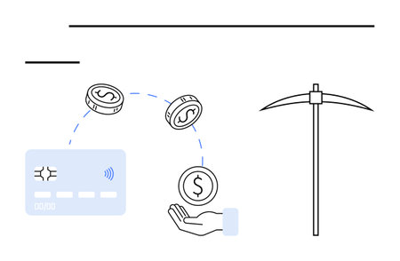 Coins above cupped hand, an electronic credit card, and a mining pickaxe. Ideal for fintech, digital currency, savings, transactions, investment online banking cryptocurrencies. Line metaphorのイラスト素材