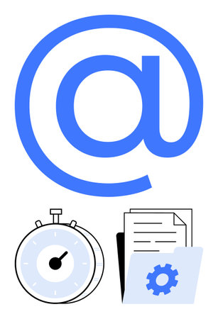 Blue at-symbol above a stopwatch, file documents in a folder with a gear. Ideal for email, time management, workflow automation, digital tools, productivity, office tasks, abstract line flat metaphorのイラスト素材