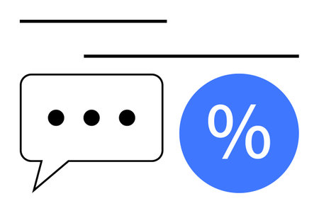 Speech bubble with three dots and a percentage symbol in blue circle. Ideal for communication, data analysis, marketing, growth metrics, finance, business dialogue, collaboration. Abstract line flatのイラスト素材