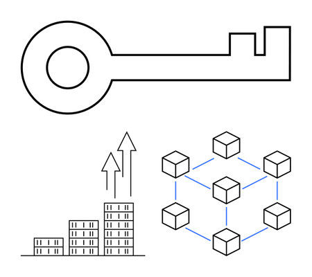 Key alongside interconnected blockchain cubes and financial growth bar chart with upward arrows. Ideal for finance, security, technology, innovation, blockchain, data systems, and abstract line flatのイラスト素材