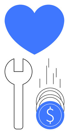 Heart shape, wrench, and falling dollar coins in blue and black. Ideal for finance, love, repair services DIY business charity productivity. Line metaphor. Line metaphor. Simple line iconsのイラスト素材