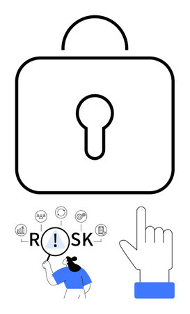 Lock icon, magnifying glass examining RISK, and pointing hand with digital elements. Ideal for cybersecurity, data protection, decision processes, risk management, business, technology abstract lineのイラスト素材
