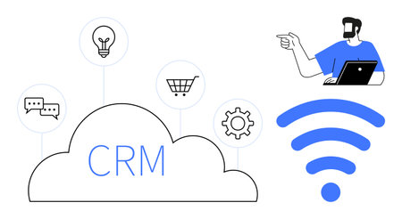 CRM cloud connected with icons representing communication, shopping, innovation, and settings. User with a laptop points at the display. Ideal for customer management, e-commerce, tech innovationのイラスト素材