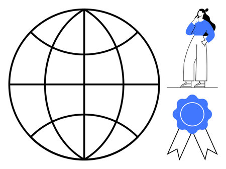 Large globe with black outline, thoughtful person with hand on chin, blue ribbon with bow. Ideal for global thinking, innovation, success, recognition, decision-making achievement analysis. Simpleのイラスト素材