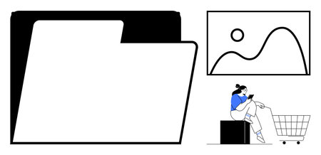 Large folder represents digital storage. Person interacts with mobile phone, sitting on cube next to shopping cart. Abstract image on wall. Ideal for e-commerce, digital organization, onlineのイラスト素材