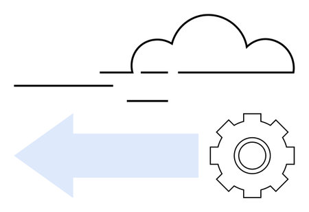 Cloud outline, arrow, and gear symbolizing data transfer, technology, automation, and cloud computing. Ideal for cloud storage, IoT, software team workflow innovation digital systems abstractのイラスト素材