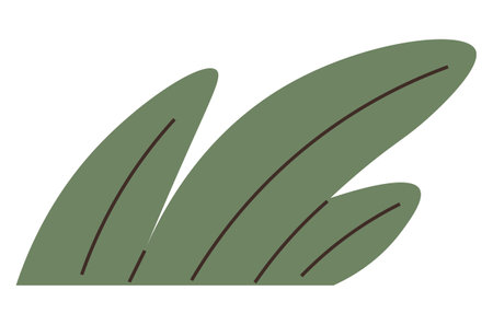 Three abstract green leaf blades with dark brown curved lines representing grooves. Ideal for nature, ecology, environment, landscaping, botanical design, eco-tourism, gardening themes. Flat colorのイラスト素材