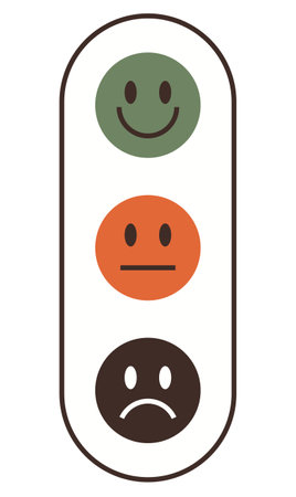 Vertical layout with green happy, orange neutral, and black sad face. Ideal for feedback systems, emotions, mental health, customer ratings, choices surveys learning. Flat color iconのイラスト素材