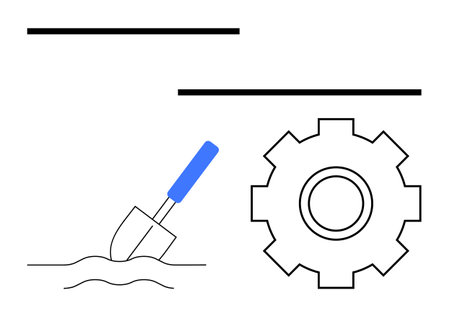 Trowel digging soil beside a gearwheel symbolizing construction, collaboration, and progress. Ideal for engineering, teamwork, innovation, problem-solving, growth, process management abstract lineのイラスト素材