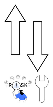 Up and down arrows, wrench, and a person examining Risk with icons of challenges. Ideal for...