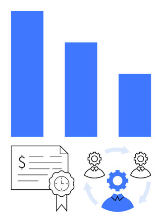 Bar graph in blue with certificate, gears, and human figures depicting teamwork. Ideal for business growth, achievement, teamwork, productivity, financial success, project management goal settingのイラスト素材