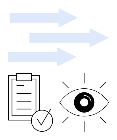 Blue arrows indicating direction, checklist with checkmark, and eye symbol for focus. Ideal for productivity, planning, vision, decision-making, goal setting, strategy abstract line flat metaphorのイラスト素材