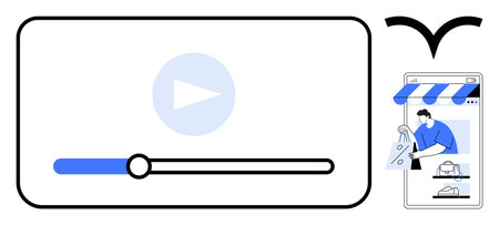 Video player with play button and a progress bar next to a smartphone showing online store with a user. Ideal for e-commerce, digital marketing, online shopping, video content, mobile apps, consumerのイラスト素材