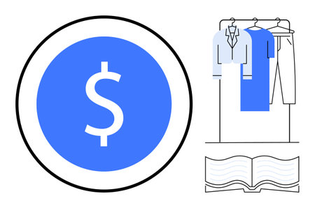 Dollar symbol within blue circle, clothing rack with garments including shirt, jacket, pants. Open book below. Ideal for fashion retail, budgeting, accounting, e-commerce business analysisのイラスト素材