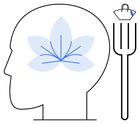 Line drawing of head profile with blue flower inside brain, fork with building at top. Ideal for mental health, mindfulness, cognitive therapy, mind-body connection, wellness, healthcare, abstractのイラスト素材