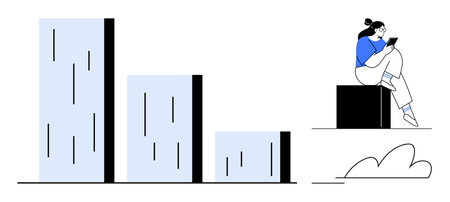 Woman seated on block, holding a tablet, next to a declining bar chart. Ideal for business data analysis, tech reviews, productivity, financial analysis, learning research digital media. Lineのイラスト素材