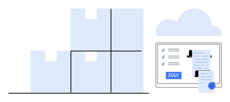 Product boxes stacked beside a cloud-connected tablet displaying a payment list with a pay button. Ideal for retail, logistics, e-commerce, cloud tech, finance management, digital transactionsのイラスト素材