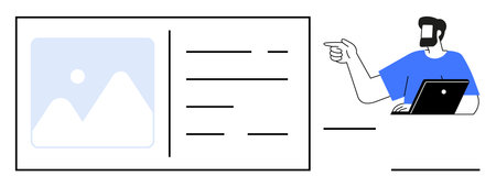 Man with beard and laptop gesturing towards a framed image and text block. Ideal for business presentations, training sessions, project discussions, data analysis, team meetings, organizationalのイラスト素材