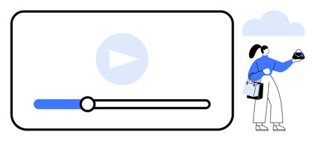 Woman in blue holding a shopping bag and item while interacting with a large video player interface. Ideal for e-commerce, online shopping, digital marketing, product demos, video advertising, userのイラスト素材