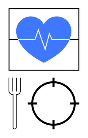 Heart with heartbeat line within square, fork, and target icon. Ideal for health, wellness, fitness, nutrition, medical self-care and goal-setting themes. Line metaphorのイラスト素材