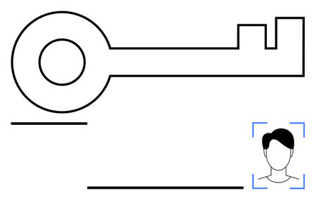 Large key outline paired with facial recognition frame and minimal human profile. Ideal for security, privacy, biometrics, identity, authentication, access control, abstract line flat metaphorのイラスト素材