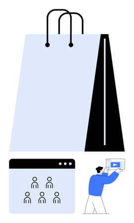 Large shopping bag, user interface of people icons, person presenting content. Ideal for e-commerce, digital marketing, online education, consumer behavior, retail trends, business insights abstractのイラスト素材