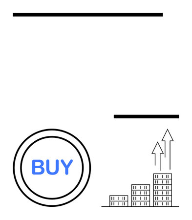 Circular BUY button with bold text, bar graph representing profit growth, and minimal black abstract lines. Ideal for e-commerce, investing, business growth, financial analysis, digital marketingのイラスト素材