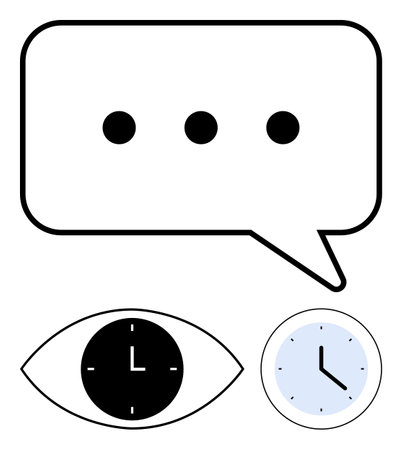 Speech bubble with ellipsis, eye-shaped clock, and circular clock. Ideal for communication, time awareness, perception, productivity, focus, deadlines abstract line flat metaphorのイラスト素材