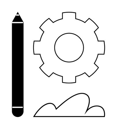 Pencil, gear, and cloud represent creativity, innovation, technology, design process, brainstorming problem-solving and digital transformation. Ideal for education tech and strategy visuals. Flatのイラスト素材