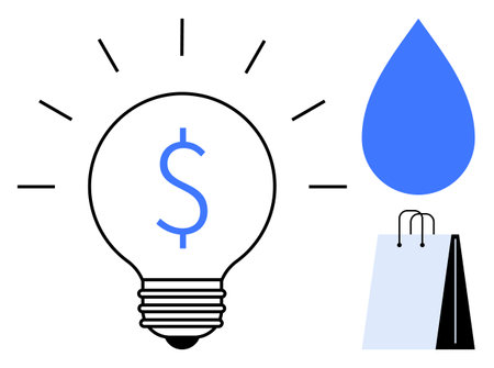 Lightbulb with dollar sign for financial ideas, water drop for sustainability, shopping bags for consumer behavior. Ideal for innovation, savings, sustainability, creativity, retail, eco-awarenessのイラスト素材