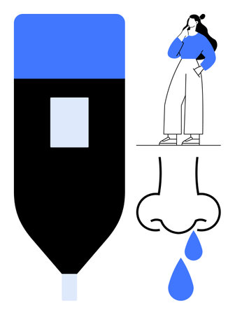 Woman holding her nose, representing nasal issues with nasal spray bottle and dripping nose imagery. Ideal for health, allergies, cold symptoms, medication, respiratory concerns, sinus issuesのイラスト素材