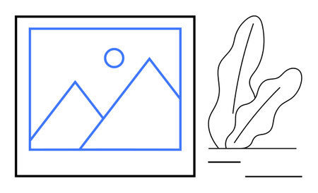 Framed linear landscape featuring mountains and sun, paired with decorative abstract plants. Ideal for art, design, decoration, nature, aesthetics, simplicity minimalism. Flat simple metaphorのイラスト素材