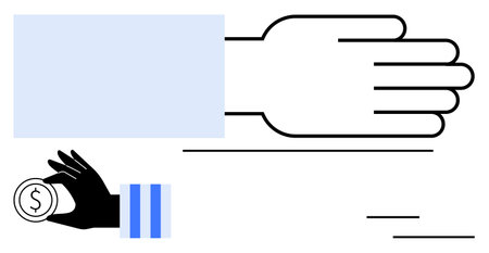 Outstretched hand receiving coin from another in simplified design. Ideal for finance, business, transaction, donation, investment, economic exchange, charity concepts. Flat simple metaphorのイラスト素材