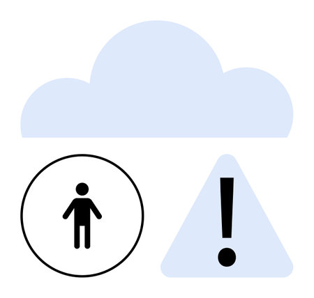 Blue cloud above human figure in circle and exclamation mark in triangle. Ideal for technology, cloud computing, risk, communication, security, alertness, decision-making. Flat simple metaphorのイラスト素材