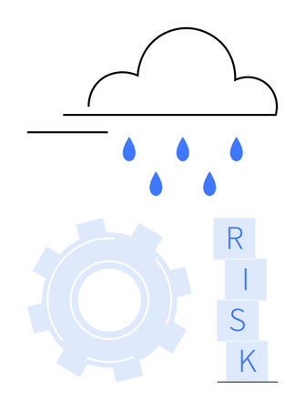 Cloud with rain above a gear and stacked RISK blocks. Represents challenges, uncertainty, decision-making, and solutions. Ideal for business, strategy, safety finance planning innovation. Abstractのイラスト素材