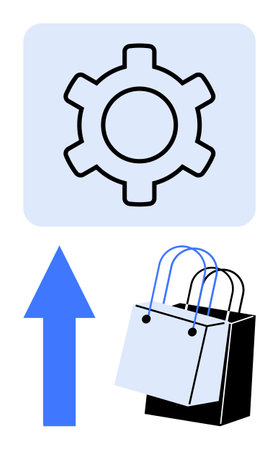 Gear icon, shopping bags, and upward arrow symbolize online store functionality, sales growth, market trends, and performance. Ideal for e-commerce, retail, business development strategyのイラスト素材