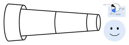 Telescope representing vision beside pie chart for analysis and happy face symbolizing optimism. Ideal for strategy, vision, exploration, analytics, positivity, planning, future concepts. Flat simpleのイラスト素材