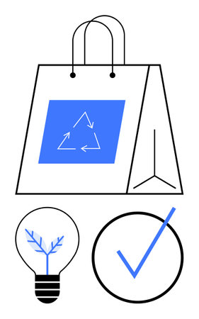 Reusable bag with recycling emblem, light bulb with a plant sprout, and checkmark symbolize sustainability, innovation, and ethical choices. Ideal for eco-consciousness, recycling, renewable energyのイラスト素材