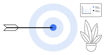 Arrow hitting the center of light blue target, data chart with bars and lines, potted plant. Ideal for business goals, precision, performance metrics, success, strategy growth achievement. Abstractのイラスト素材