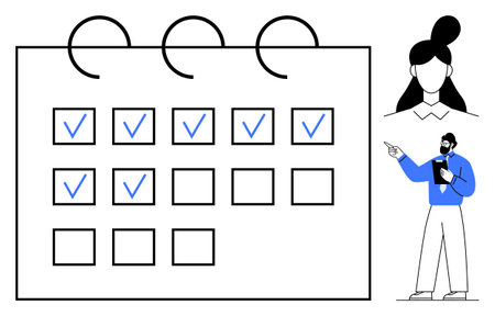 Large calendar with days marked by checkmarks, showing completed tasks. Man with clipboard and woman profile engage in discussion. Ideal for time management, productivity, teamwork, schedulingのイラスト素材