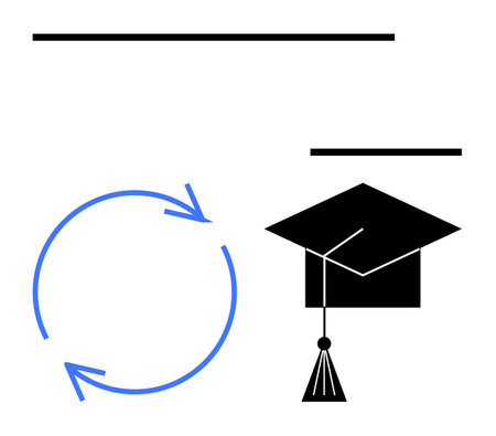 Circular arrows representing ongoing processes next to a black graduation cap. Ideal for education, learning, progress, growth, development, cycles, achievement. Flat simple metaphorのイラスト素材