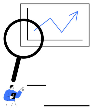 Magnifying glass focusing on upward trend line graph with an analyst holding a clipboard below. Ideal for analysis, growth, finance, strategy, research, monitoring, and planning concepts. Flat simpleのイラスト素材