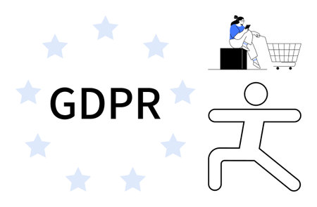 Woman on device with shopping cart, GDPR text surrounded by stars, and human figure. Themes privacy, security, trust, data protection, customer rights transparency online safety. Idealのイラスト素材