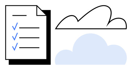 Checklist with blue ticks next to two cloud shapes representing cloud storage, organization, and planning. Ideal for digital productivity, workflow, technology, business, data management, taskのイラスト素材