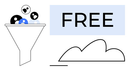 Funnel processing user icons to represent sorting, inclusion of cloud storage and FREE label. Ideal for marketing, lead generation, data processing, cloud solutions, access plans, technologyのイラスト素材