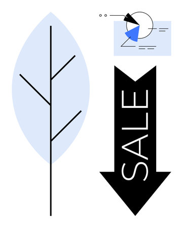 Leaf silhouette, downward arrow with SALE text, geometric shapes, and graph-thumbs up elements. Ideal for eco-friendly branding, sales, advertising, data trends, environment marketing flat simpleのイラスト素材