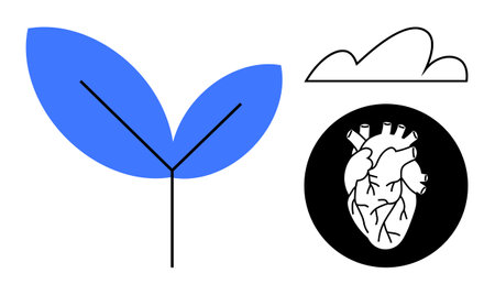 Minimalist blue leaf, anatomical heart in black circle, and cloud above. Ideal for health, nature,...