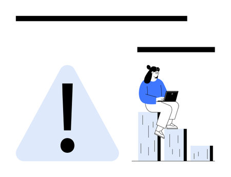 Woman sitting on bar graph steps using laptop near prominent caution alert sign. Ideal for risk management, data analysis, productivity, cybersecurity, education, alert communication, growth warningのイラスト素材