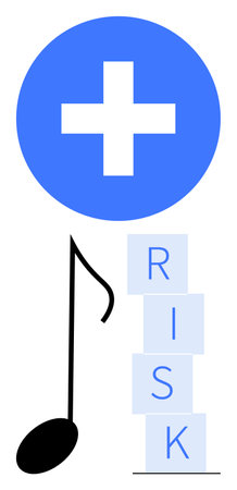 Medical cross atop a musical note beside stacked RISK blocks symbolizes healthcare risks, stability, and harmony. Ideal for healthcare, music therapy, balance, risk management, well-being, safetyのイラスト素材